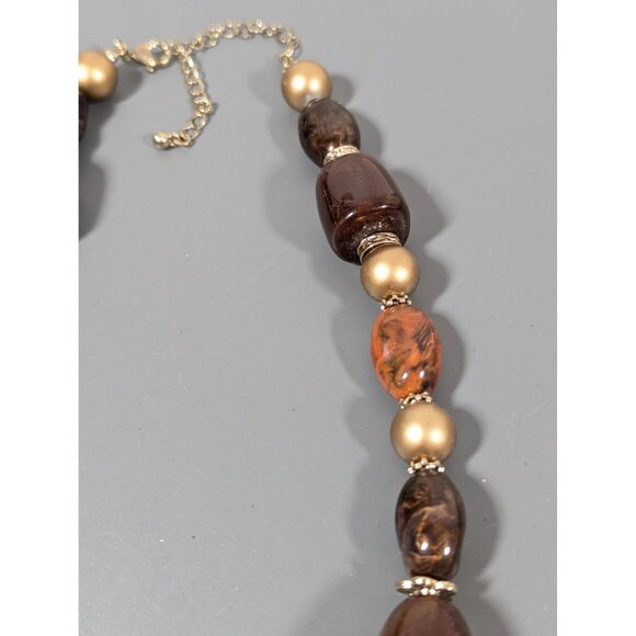 Brown Tigers Eye STone Bead Chunky Statement Necklace Gold Tone Matte 22" - Picture 5 of 8